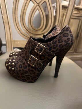 G by Guess Leopard Platform Heel Booties with Gold Studs